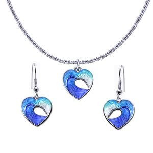 Heart of the Sea Wave Necklace and Earring Set - Sterling Silver with Hard-Fired Enamel